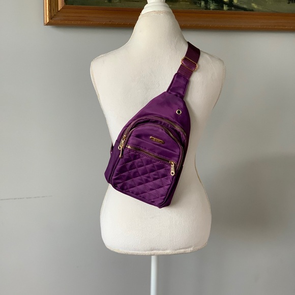 Jewely's Justifiables Handbags - Diamond Quilted Purple Crossbody Sling Bag with Earbud Access